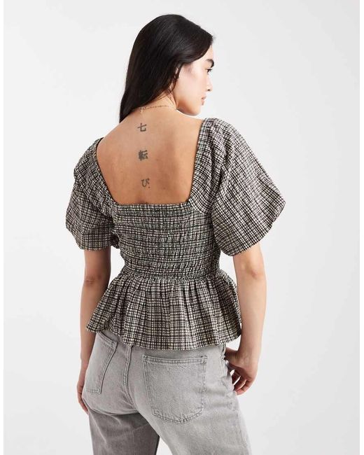 New Look Gray Check Shirred Milkmaid Top