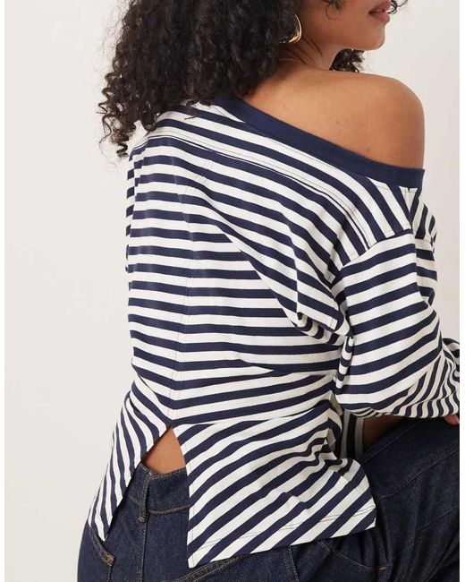 ASOS Blue Long Sleeve Off Shoulder Corset Waist Tee