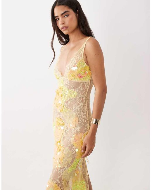 ASOS Natural Sheer Lace Cami Maxi Dress With Placement Embellishment