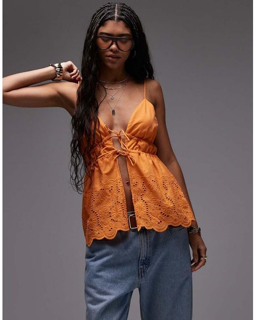 TOPSHOP Cami Met Opengewerkt Detail Stroken En Gestrikte Voorkant in het Blue