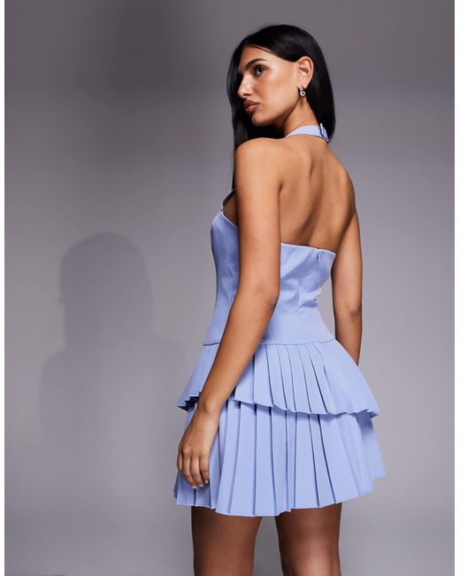 asymmetric multi strap ruffle detail mini dress in blue Kaiia Exclusive Tailored Halter Neck Tiered flattering mini dress is ws-nuon-girl-topwear Satin A Line Long Color:Navy Blue as Pics