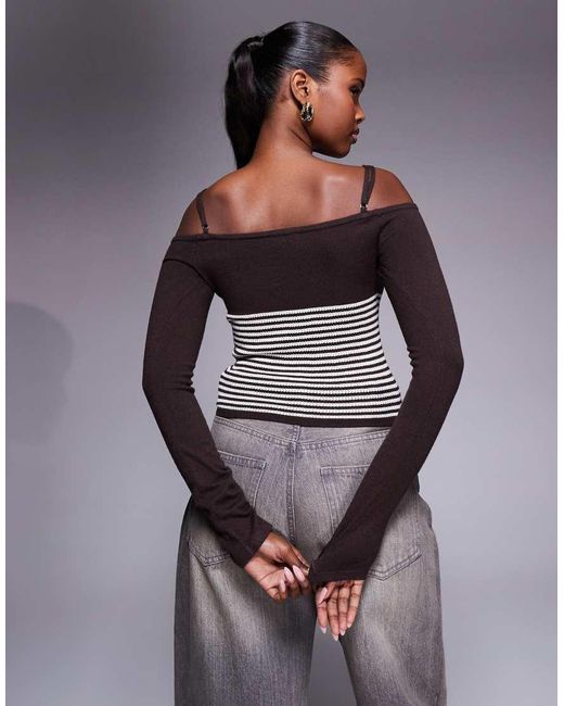 Edikted Gray Darya Striped Off Shoulder Knit Top