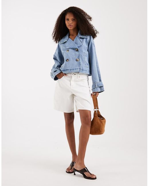 Vero Moda Blue Cropped Denim Trench Coat