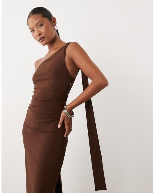 TFNC London Brown Bengaline One Shoulder Draped Maxi Dress