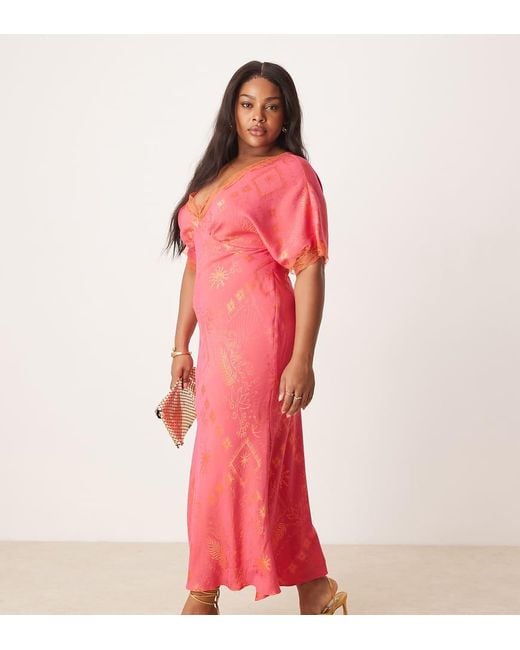 Never Fully Dressed Red Lace Trim Print Midaxi Dress