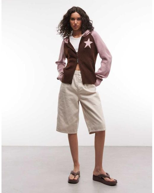 Daisy Street Brown Fitted Zip Down Cardigan With Star Graphic