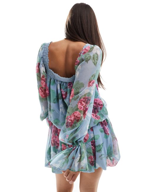 Blouse à fleurs avec encolure carrée à bords en dentelle ASOS en coloris Blue