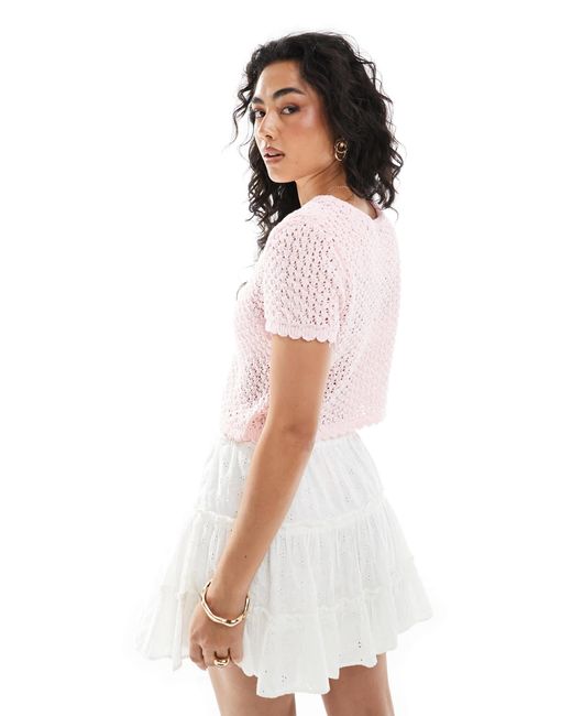 Miss Selfridge White Knitted Pointelle Short Sleeve Cardigan