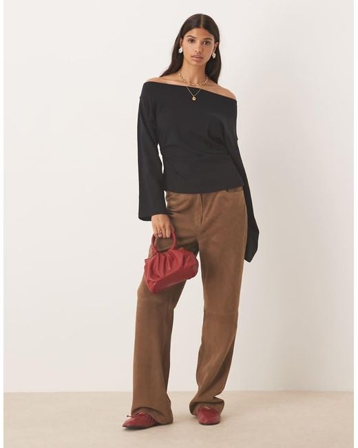 ASOS Black Long Sleeve Off Shoulder Corset Waist Tee