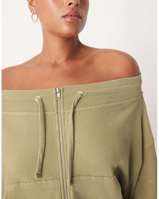 ASOS Natural Asos Design Curve Waffle Off Shoulder Zip Through Sweat