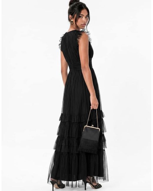 ANAYA Black Flutter Sleeve Ruffle Maxi Dress