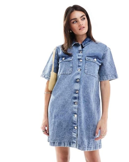 Miss Selfridge Blue Oversized Short Sleeve Denim Shirt Dress