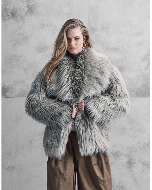 ASOS Gray Oversized Jacket With Faux Fur Collar