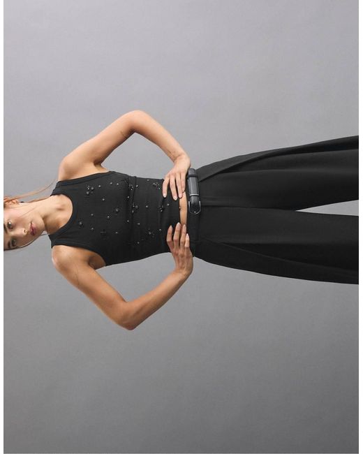 Stradivarius Black Wide-leg Trousers With Darts And Belt