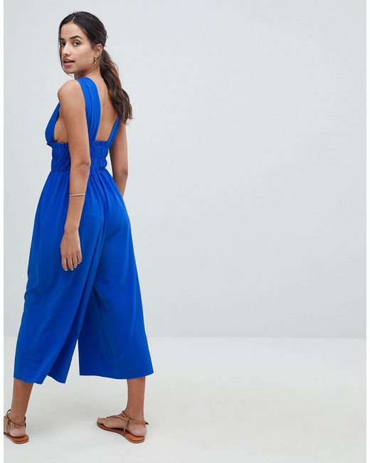blue plunge jumpsuit
