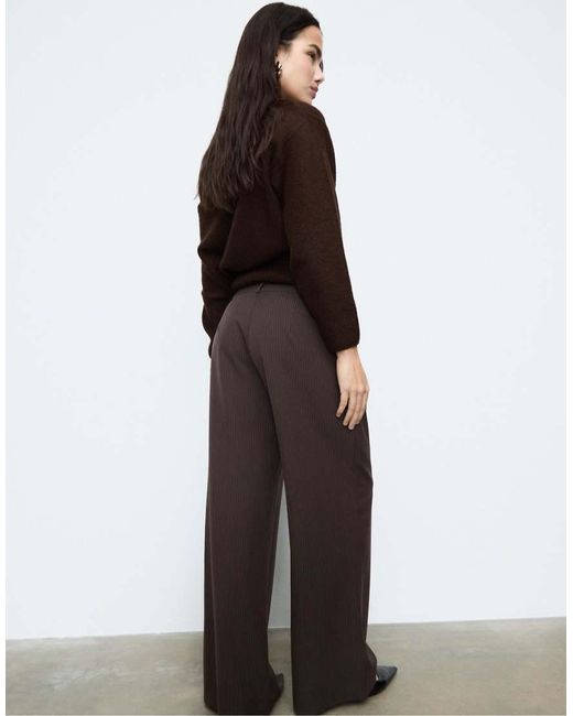 Stradivarius Brown Casual Striped Smart Trousers With Crossover Waist
