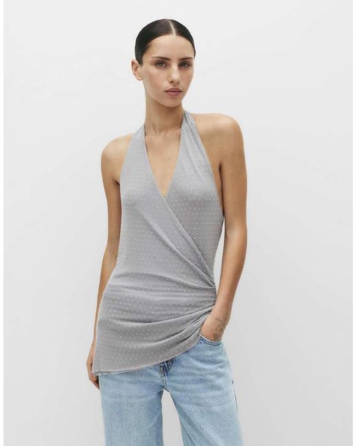 Pull&Bear White Draped Rhinestone Halter Top