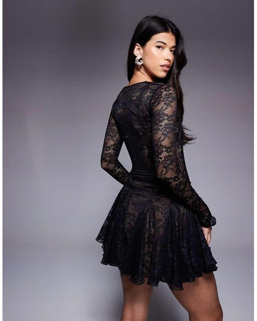 Murci Black Square Neck Long Sleeve Gathered Ruffle Hem Lace Mini Dress