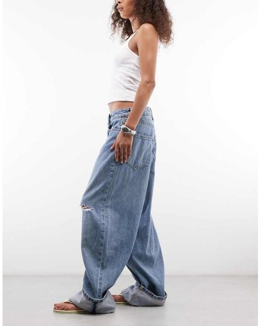 Monki Blue Fold Up Baggy Jeans With Distressing