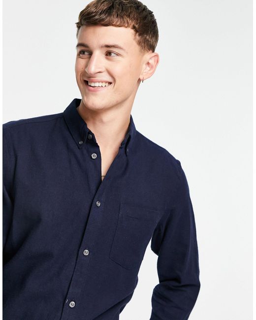 Long Sleeve Plain Flannel Shirt in Navy 