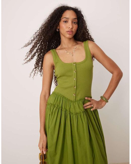 ASOS Green Scoop Button Ribbed Bodice With Poplin Skirt Maxi