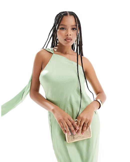 Mango Green One Shoulder Drape Satin Midi Dress