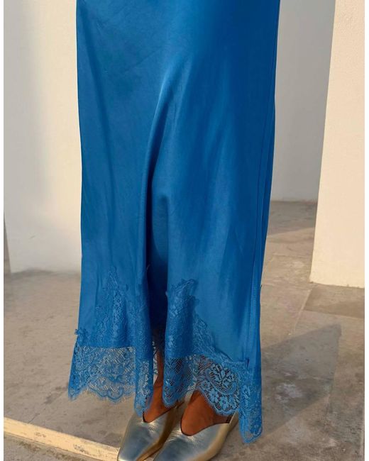 Never Fully Dressed Blue Satin High Rice Lace Hem Maxi Skirt
