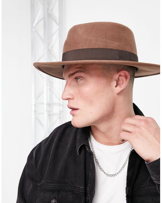 ASOS Wool Wide Brim Pork Pie Hat in Tan 
