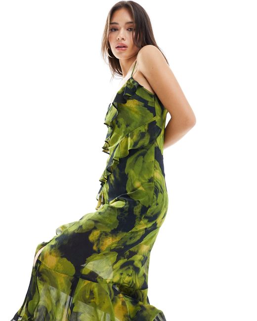Miss Selfridge Green Chiffon Asym Ruffle Maxi Dress