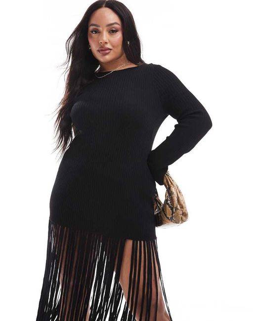 Renee Studio Black Plus X Michelle Nayla Exclusive Ribbed Fringe Tassel Hem Knitted Mini Dress