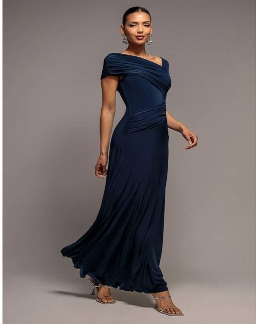 Goddiva Blue Asymmetric Neck Gathered Waist Maxi Dress