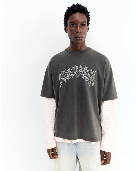 Pull&Bear Gray Acid Wash Stwd T-Shirt for men