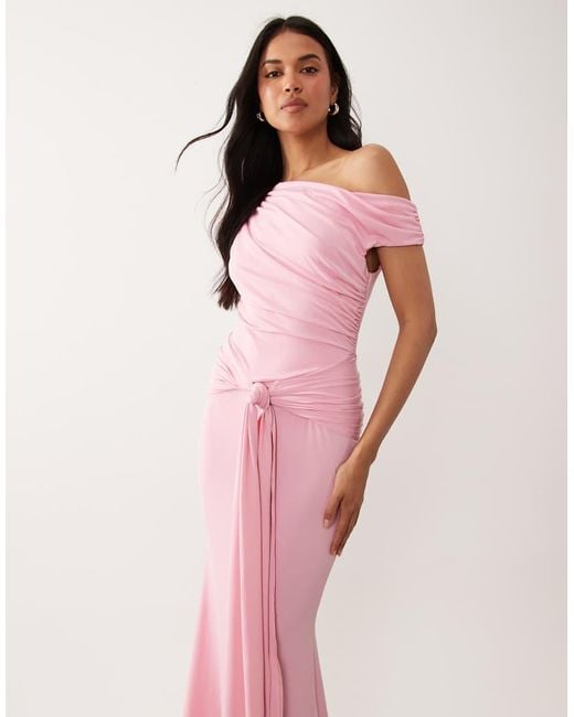 TFNC London Pink Slinky Draped One Shoulder Maxi Dress
