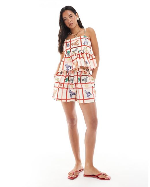 Miss Selfridge Babydoll Camitop Van Linnenmix Met Kreeftenprint, Deel Van Co-Ord Set in het Red
