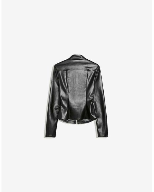 Bershka Black Fitted Leather-effect Zip-up Shirt