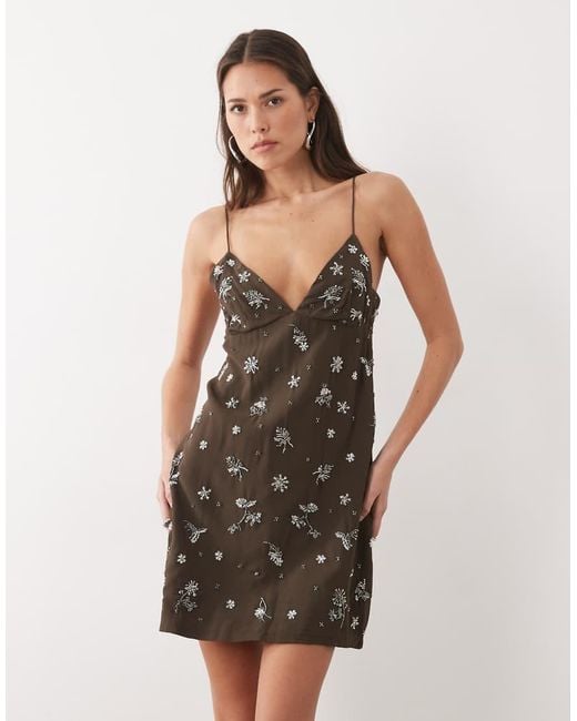 Mango Natural Beaded Strappy Mini Dress