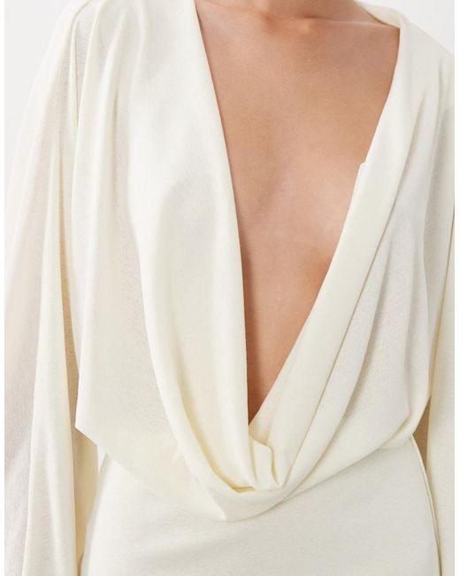 SNDY'S White Premium Jersey Deep Cowl Neck Flared Sleeve Mini Dress