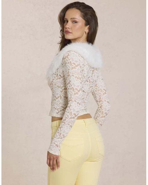 Oh Polly White Faux Fur Collar Lace Cardigan