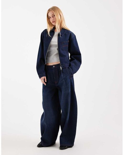 Collusion Blue Circular Design Collection Boxy Crop Denim Jacket Co Ord