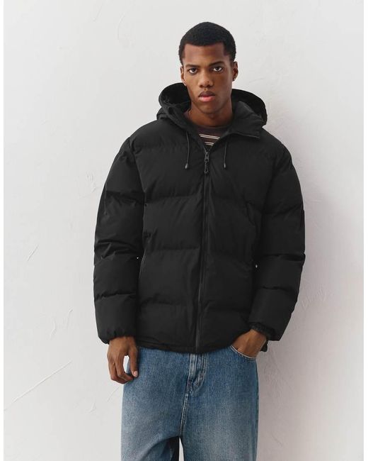 Pull&Bear Black Heat-sealed Quilted Jacket With Hood for men