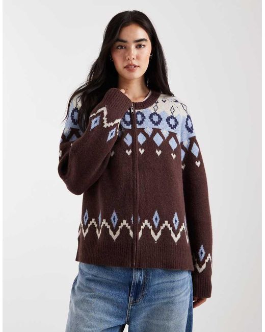 Daisy Street Brown Fair Isle Zip Up Graphic Jumper