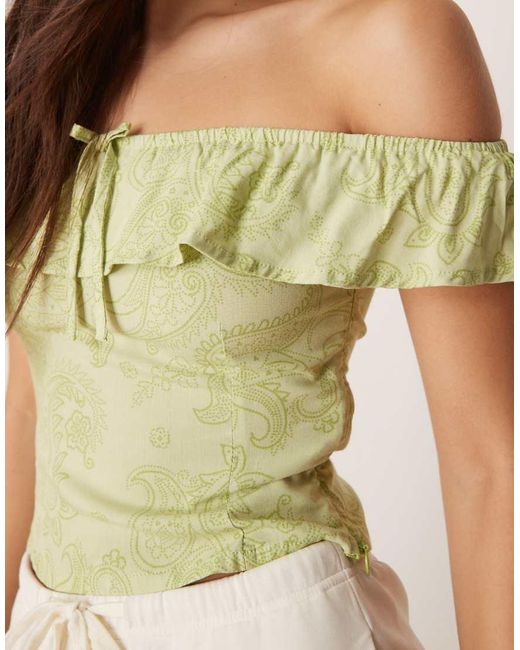 Motel Green Yokai Retro Paisley Print Bardot Top