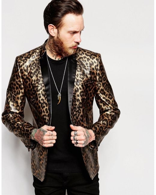 ASOS Metallic Slim Blazer In Leopard Print for men