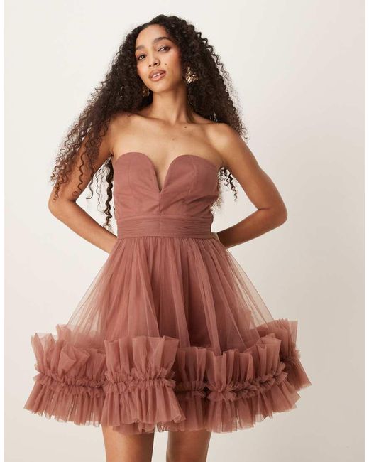 LACE & BEADS Brown Ruffle Hem Sweetheart Mini Tulle Dress
