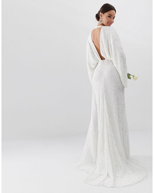 ASOS Ciara Sequin Kimono Sleeve Wedding Dress in White | Lyst