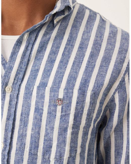 Chemise classique à rayures en coton et lin mélangés Gant pour homme en coloris Blue