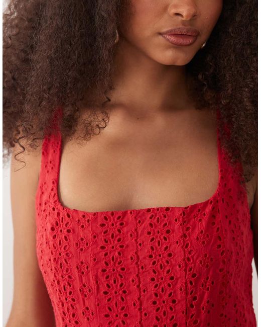 Mango Red 100% Cotton Square Neck Sleeveless Embroide Midi Dress