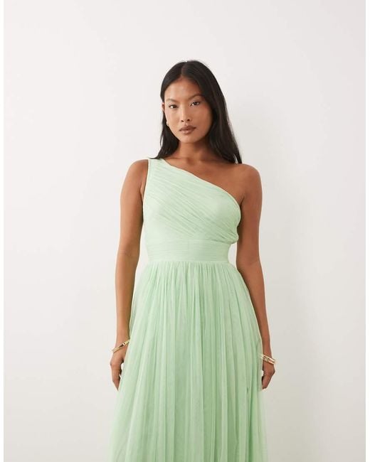 LACE & BEADS Green Bridesmaid Tulle One Shoulder Fitted Waist Maxi Dress