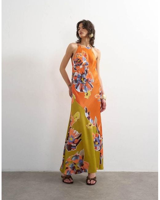 TOPSHOP Multicolor Satin Bias Halter Neck Open Scoop Back Maxi Dress