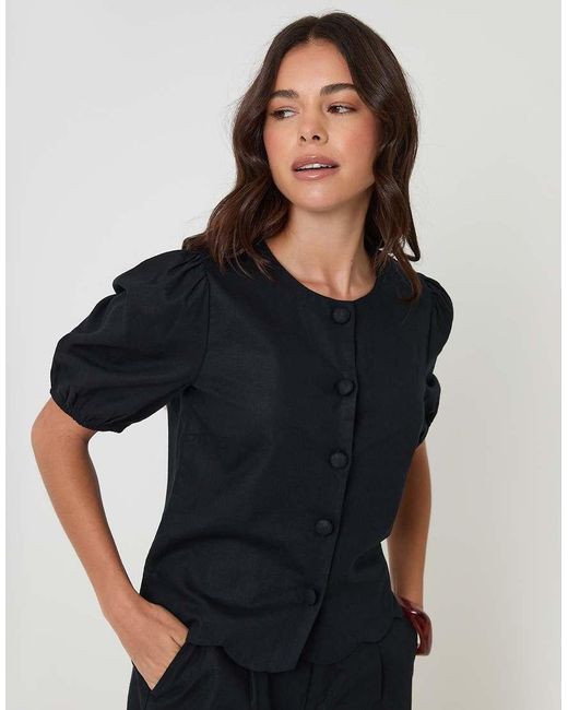 Threadbare Black Linen Blend Puff Sleeve Top